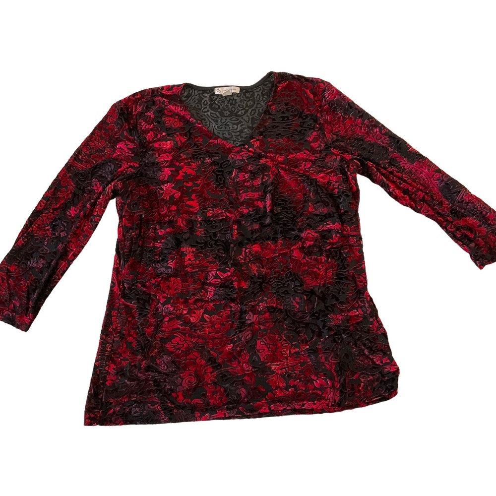 db Established 1962 Red Black V-Neck 3/4‎ Sleeve Velvet Burnout Floral Blouse